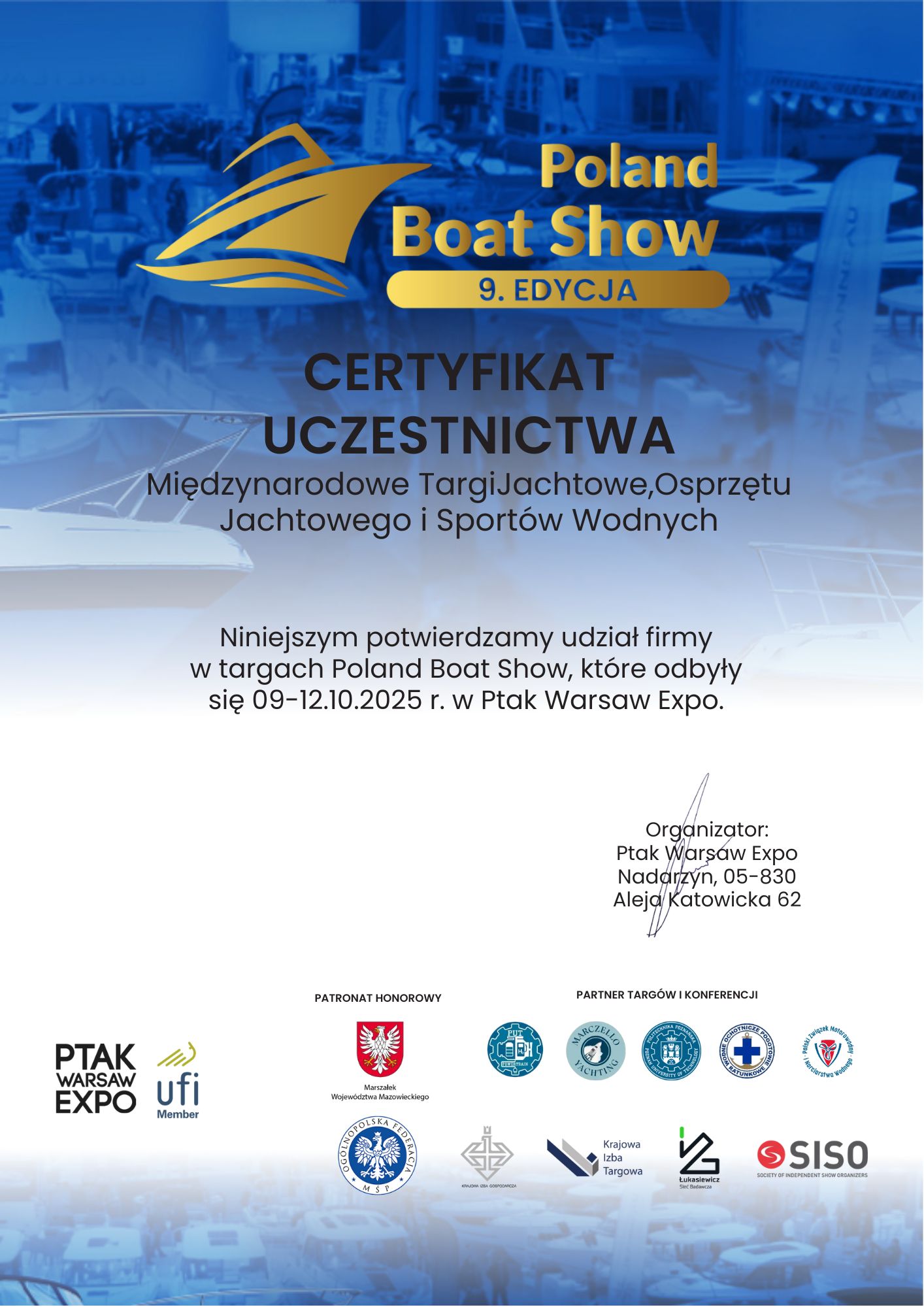 Certyfikat uczestnictwa Poland Boat Show 2025